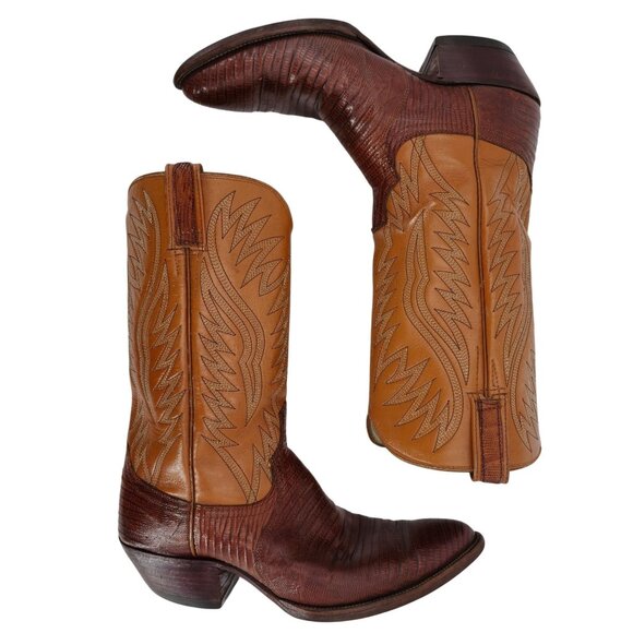 Vintage Dan Post Exotic Teju Lizard Mens 11D Brown Leather Cowboy Western Boots - Picture 9 of 16